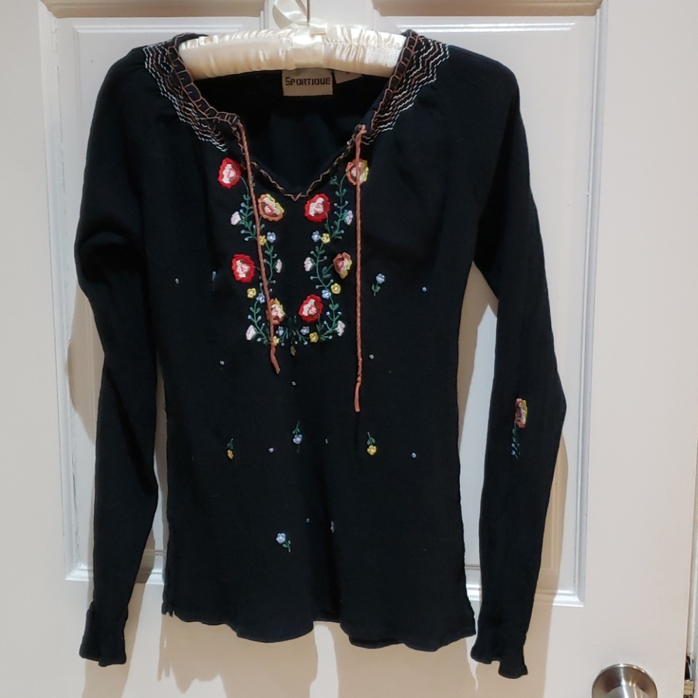 Black, embroidered flowers gauzy top, long sleeved